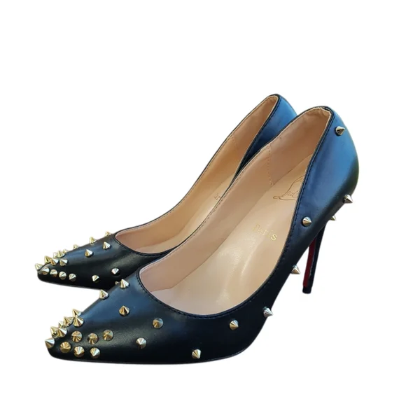 Black Leather Studded Pointed-Toe High Heels - Designer Style - Picture 2 of 6